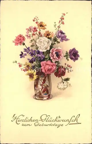 Geburtstag Rosen Nelke Veilchen Margeriten Vase Litho Kat. Greetings