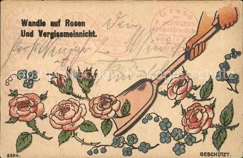 Rosen Vergissmeinnicht Stempel F. Schueler s Weissbierstube Berlin  Kat. Pflanzen