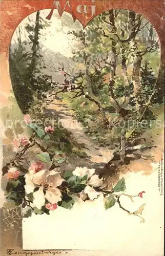 Monatskarte Mai Herz Wald Blumen Litho Kat. Besonderheiten