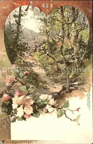 Monatskarte Mai Herz Wald Blumen Thomas Gugggenberger Litho Kat. Besonderheiten