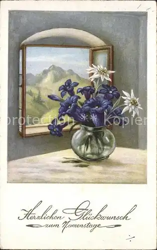 Namenstag Namenskarte Edelweiss Enzian Vase Fenster Berge /  /