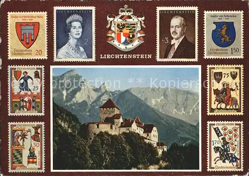 Briefmarke auf Ak Fuerstentum Liechtenstein Schloss Vaduz Fuerst Franz Josef II. Fuerstin Gina Kat. Besonderheiten