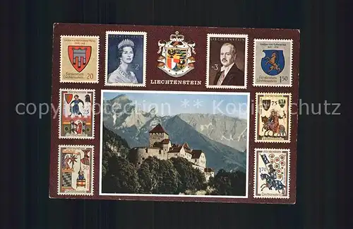 Briefmarke auf Ak Fuerstentum Liechtenstein Schloss Vaduz  Kat. Besonderheiten
