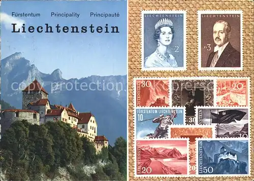 Briefmarke auf Ak Fuerstentum Liechtenstein Schloss Vaduz  Kat. Besonderheiten