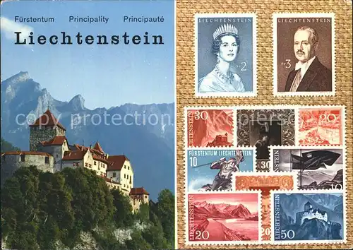 Briefmarke auf Ak Fuerstentum Liechtenstein Schloss Vaduz Kat. Besonderheiten