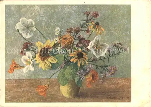 Muntwyler H. A. Blumen auf grauem Grund Kat. Kuenstlerkarte