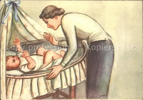 Kuenstlerkarte M. Sammartini Baby Babywiege Mutter  Kat. Kuenstlerkarte