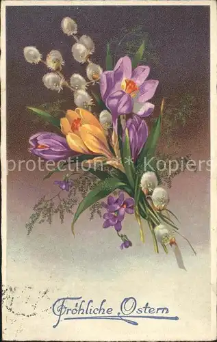 Ostern Easter Paques Weidenkaetzchen Krokusse Litho / Greetings /