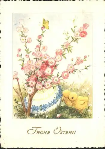 Ostern Easter Paques Kueken Blumen Schmetterling Ei  / Greetings /