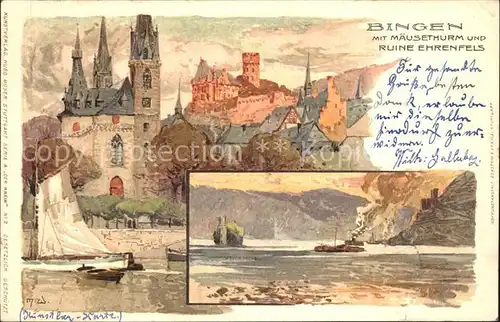 Wielandt Manuel Litho Bingen Maeuseturm Ruine Ehrenfels  Kat. Kuenstlerkarte