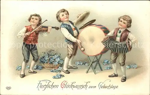 Musikanten Kinder Geige Trommel Geburtstag Vergissmeinnicht Litho Kat. Musik