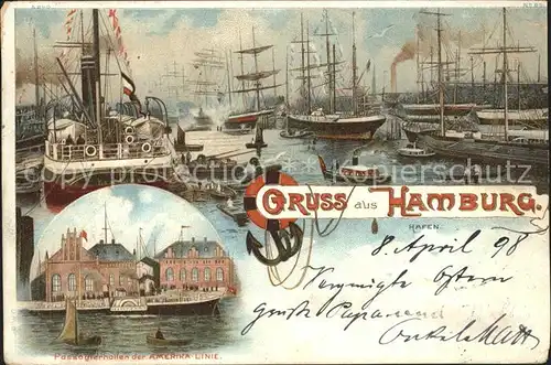 Segelschiffe Hamburg Hafen Passagierhallen Amerika Linie Litho Kat. Schiffe