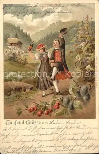 Trachten Schwarzwald Kirschwasser Pflaumen Litho Kat. Trachten