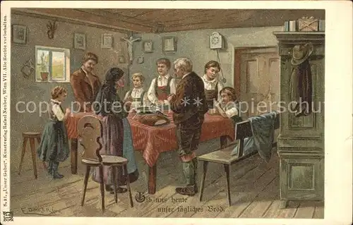 Doecker E. Familie Mittagsessen Gebet Litho Kat. Kuenstlerlitho