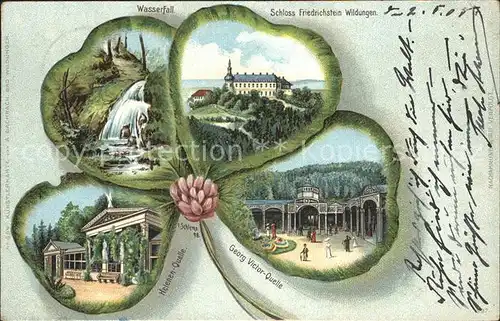 Kleeblattkarte E. Schlemo Schloss Friedrichstein Wildungen Georg-Victor-Quelle / Litho-Rahmenkarte /