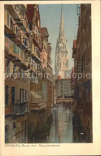 Diemer Zeno Litho Hamburg Nicolaikirche  Kat. Kuenstlerkarte