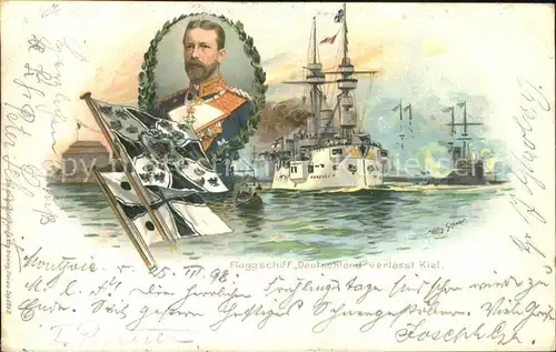 Marine Flaggschiff Deutschland Heinrich von Preussen Litho  Kat. Schiffe