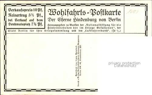 Hindenburg Der Eiserne Hindenburg Berlin Wohlfahrtskarte  Kat. Persoenlichkeiten