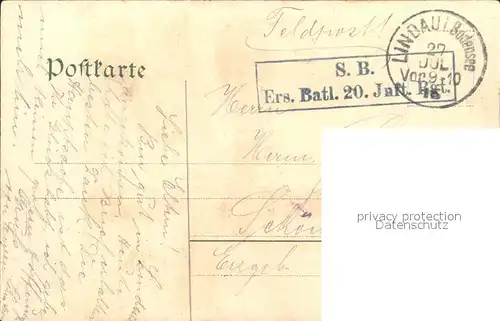 Diemer Zeno Litho Lindau Hafeneinfahrt Stempel S.B. Ers.Batl.20.Inft. Rgt.  Kat. Kuenstlerkarte