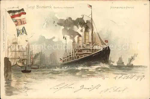 Dampfer Oceanliner Fuerst Bismarck Hamburg Hafen Litho Kat. Schiffe