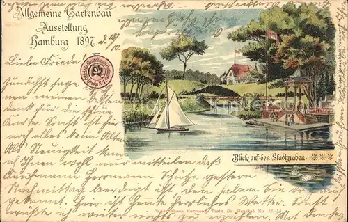 Gartenbauaustellung Hamburg 1897 Stadtgraben Litho Kat. Expositions