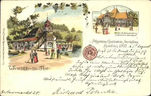Gartenbauaustellung 1897 Hamburg Weinhuette im Tal Pavillon Samenhandlung Litho  Kat. Expositions