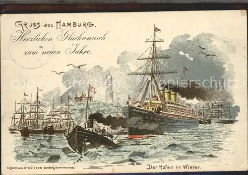 Segelschiffe Hamburg Hafen im Winter Litho Neujahr  Kat. Schiffe