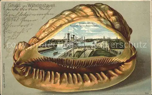 Muschelkarte Wilhelmshaven Neuer Hafen Panzerschiff Litho / Rahmenkarte /