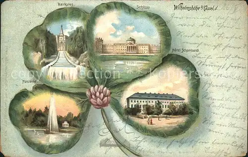 Kleeblattkarte Wilhelmshoehe Herkules Schloss Fontaine Hotel Schombardt Litho / Litho-Rahmenkarte /