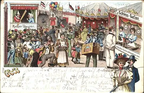 Drehorgel Kirmes Karussell Kasper Theater Schiessbude Litho Kat. Musik