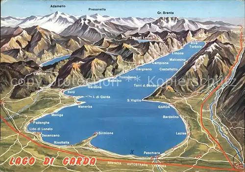 Lago di Garda Panoramakarte Peschiera Sirmione Desenzano Malcesine Kat. Italien