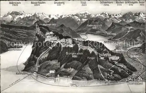Vierwaldstaettersee SZ Panoramakarte mit Alpenkette Kat. Brunnen
