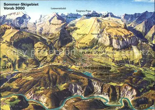 Flims GR und Laax Panorama Reliefkarte Kat. Flims Dorf