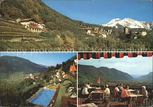 Dorf Tirol Pension Cafe Unter Schattmair Hof Terrasse Swimming Pool Alpenpanorama Kat. Tirolo
