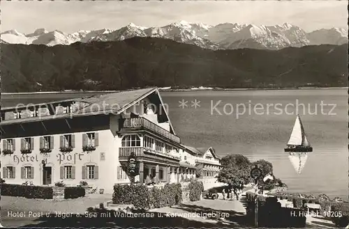 Urfeld Walchensee Hotel Post und Jaeger am See mit Karwendelgebirge Kat. Kochel a.See