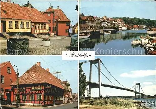 Middelfart Fisketorvet med Marsvinsbronden Havnen Holms Hotel De ny Lillebaeltsbro Kat. Daenemark