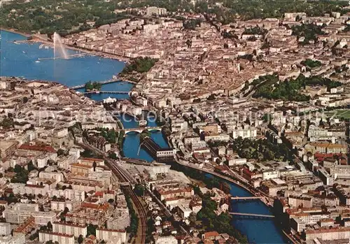 Geneve GE Lac Leman Vue aerienne du Jet d Eau et des Ponts sur le Rhone Kat. Geneve