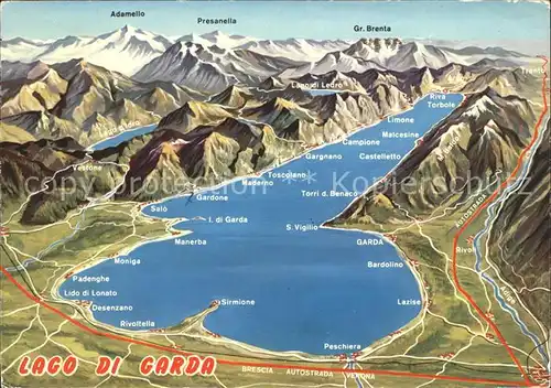 Lago di Garda Panoramakarte Sirmione Peschiera Adamello Presanella Kat. Italien