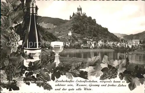 Cochem Mosel Weinort mit Burg Weinflasche Glas Weinrebe Trinkspruch Kat. Cochem