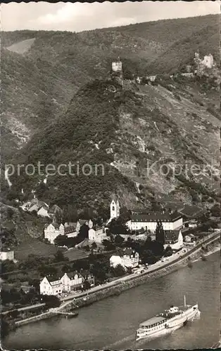 Bornhofen Kamp mit Ruinen Sterrenberg und Liebenstein Rhein Dampfer Fliegeraufnahme Kat. Kamp Bornhofen