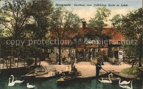 Lehde Spreewald Gasthaus zum froehlichen Hecht Boote Schwaene Kat. Luebbenau Spreewald