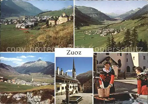 Zuoz GR Gesamtansicht Alpenpanorama Dorfpartie Brunnen Trachten Kat. Zuoz