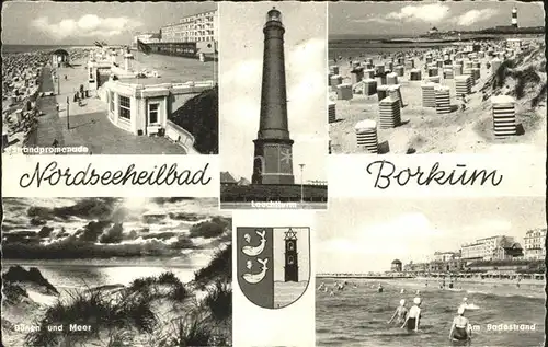 Borkum Nordseebad Strandpromenade Leuchtturm Duenen und Meer Badestrand