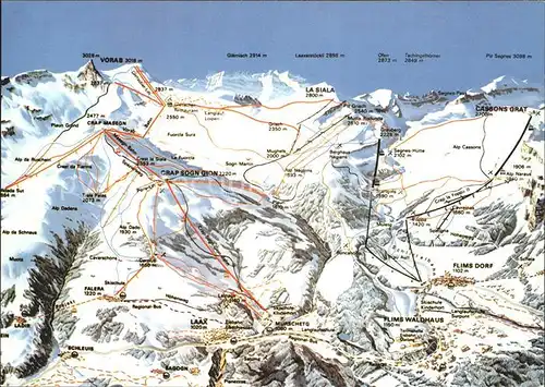 Flims GR mit Laax und Falera Skigebiet Panorama Loipenkarte Kat. Flims Dorf