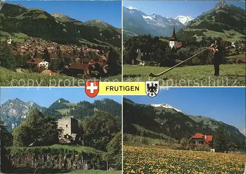 Frutigen BE Dorf mit Niesen Tellenburg Elsinghorn Kirche Balmhorn Blumenwiese mit Niesen Kat. Frutigen