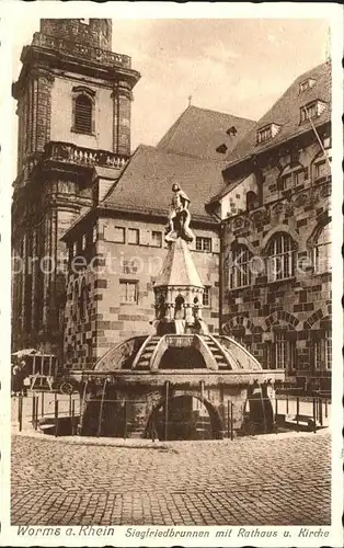 Worms Rhein Siegfriedbrunnen mit Rathaus und Kirche Kat. Worms