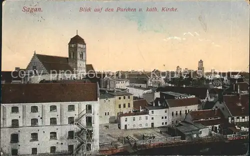 Sagan Blick auf den Parchen mit kath Kirche Kat. Polen