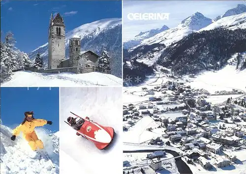 Celerina Schlarigna Panorama Wintersportplatz Alpen Kirche Skifahrer Tiefschnee Bobfahren Kat. Celerina