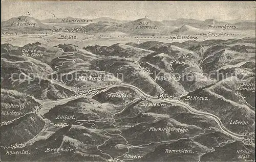 Vogesen Vosges Region Panoramakarte vom Schlachtfeld Markirch und Umgebung Kat. Gerardmer
