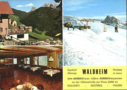 Brixen Suedtirol Gasthof Waldheim Pension Gastraum Sessellift Kat. Bressanone